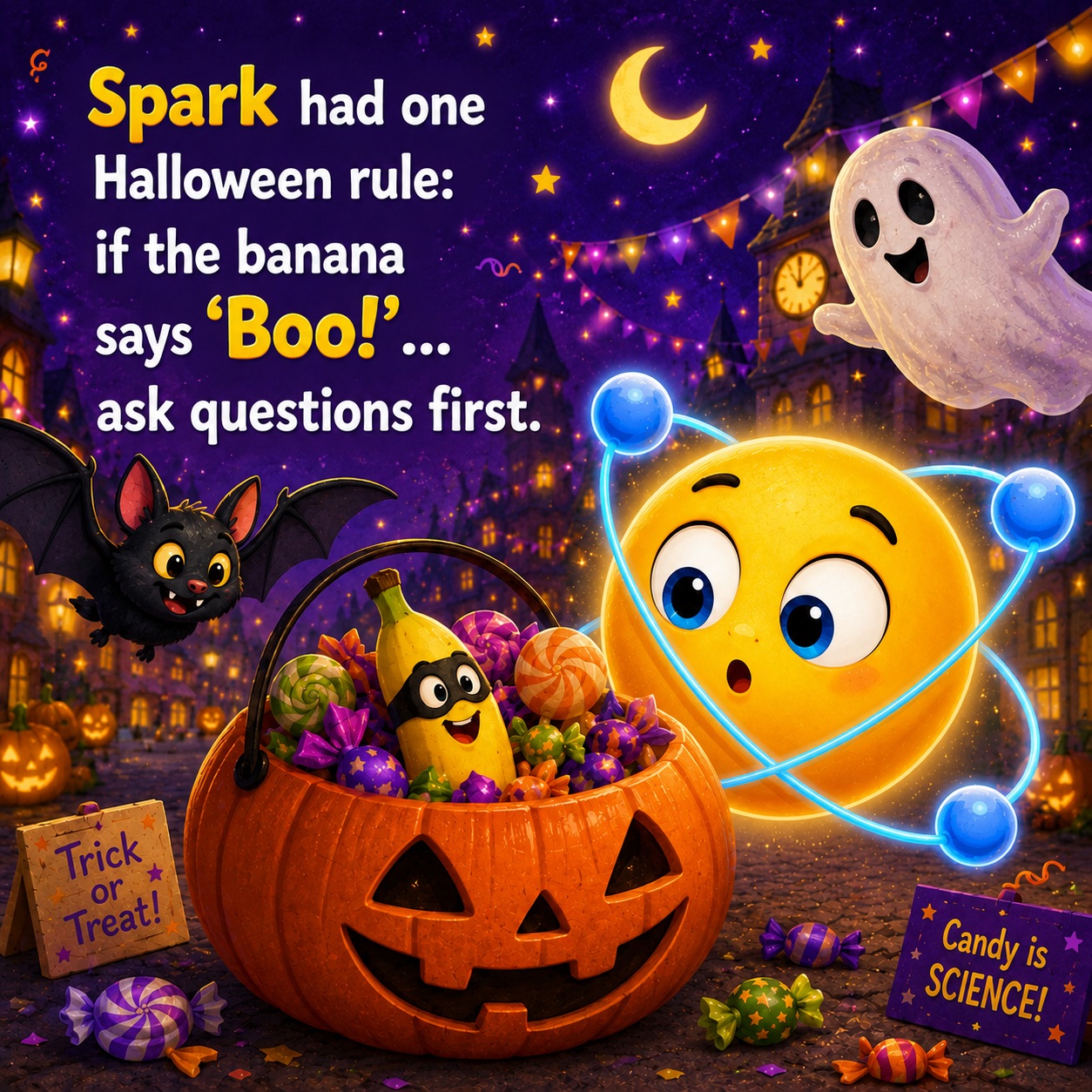 Spark discovers a banana costume in a pumpkin candy bucket